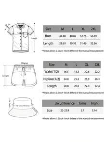 Men's Hawaiian Shirt And Short, Retro 80s 90s Geometric Pattern Summer Vacation 3 Piece Vacation Outfits Sets Casual Button Down Beach Floral Suits With Bucket Hats - 灰色 - 查看 3