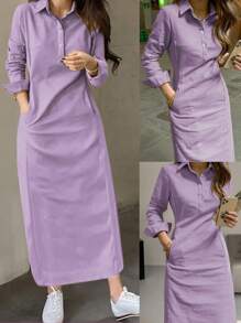 Spring And Autumn New Fashion Elegant Lapel Button Long Sleeve Women's Arabic Dress