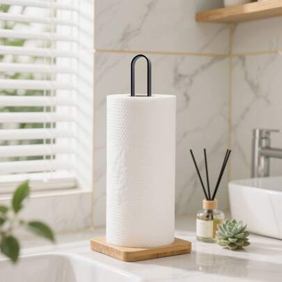 1pc Square Bamboo Paper Towel Holder, Black/White Kitchen Roll Paper Dispenser For Organizing Kitchen Rolls