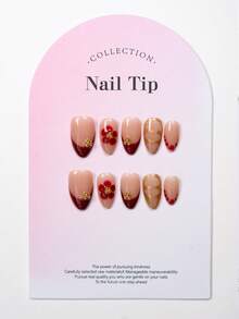 10 件手工粉色-红色大理石按压指甲 | 3D 金珠和花卉法式指尖设计 | 渐变色假指甲，适合婚礼、派对 | 女士奢华美甲礼品套装 美甲用品 - 彩色 - 查看 5