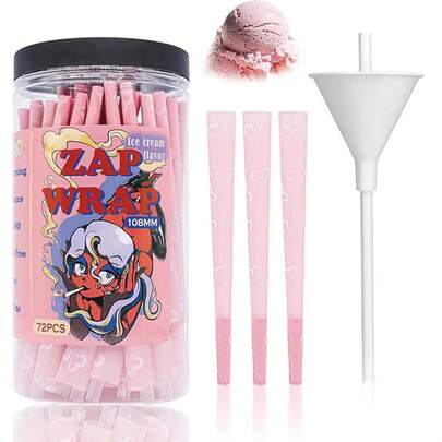 72 pièces de cônes de papier pré-roulés colorés, cônes de papier ultra fins à saveur de crème glacée extra larges à combustion lente avec chargeur et bâtonnet d'emballage, motif en forme de cœur