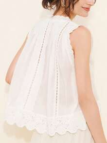 Women's summer hollow lace hem top, solid color, lightweight and versatile, suitable for all occasions - Blanco - Ver 2