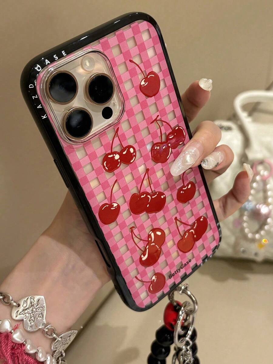 Y2K 可爱粉色樱桃格子心形手链手机壳适用于 16 15 14 13 Pro Max 时尚防震后盖防水防摔防刮