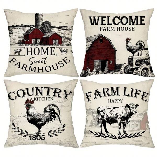 4pcs, Vintage Farmhouse 4pcs Throw Pillow Covers - Polyester 100%, Single-Sided Print, 16x16 18x18 20x20 Inches, Retro Home Cushion Covers - For Porch Patio Couch Sofa Living Room Outdoor Decor - Set Of 4 Without Pillow Inserts