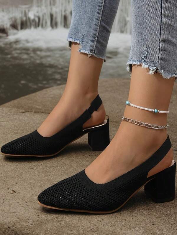 Knitted Mesh Cap Toe Back Strap Summer New Versatile Temperament Pointed Toe Low Vamp Side Hollow Thick Heel Sandals For Women