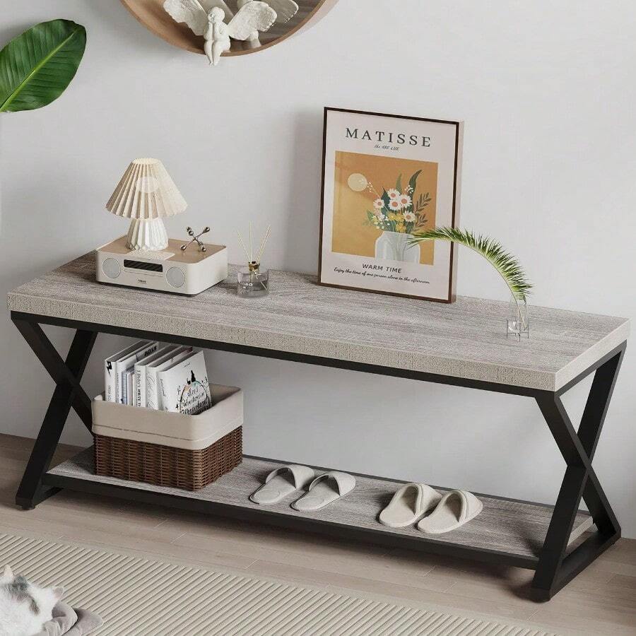 Industrial Wood Entryway Bench Indoor Farmhouse Hallway Accent Entry Bench For Seating Sitting With Storage Metal Shoe Rack Grey Bench Organizer In Foyer Bedroom Light Grey Oak 47 Inch Long - LightGreyOak - View 1