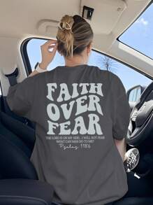 Ladies' Spring And Summer New Style Faith Over Fear Letter Print Daily Casual Round Neck Short Sleeved T-Shirt, Fashionable Vacation Style, Your Daily Necessity. Vacation Outfits Women Graphic Tees Women White Top