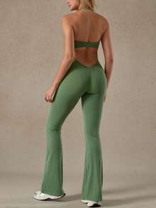 NcmRyu 1pc Women's Elastic Fitted Shaping Yoga, Dance, Training, Running, Fitness, Outdoor Sports Jumpsuit Summer - 綠色 - 查看 3