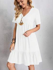 Women's Mini Dress - Solid Color V-Neck Design, Short-Sleeved Cut To Show The Fresh Temperament, Loose Fit For Summer Casual Wear, Both Fashion And Comfort - trắng - Xem 1