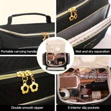 1pc Black Polyester Travel Toiletry Bag With Handle - Alphabet Pattern, Wet/Dry Separation, Machine Washable, Portable Makeup Organizer For Both Men & Women, Ideal Gift For Family & Friends, Daily Cosmetics Storage, Fashionable Makeup Case, Practical Design, Fabric, Must-Have For Frequent Travelers