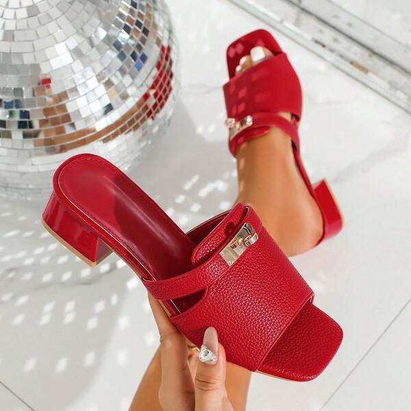 Women's Square Toe Slip-On Sandals - Burgundy Synthetic Leather Casual Shoes, Comfortable Rubber Sole Chunky Low Heel Ankle Strap Sandals, Fashionable Office Sandals, Modern Casual Design, Elegant Metal Lock Buckle Solid Color Sexy Party