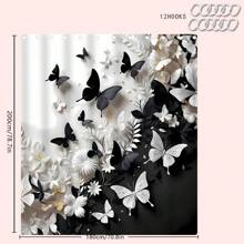 1/2/3/4 Stücke 3D Schwarz & Weiß Schmetterling Blumen Thema Badezimmer Duschvorhang Sets, 12 Haken, Badematte, U-förmiger Toilettendeckel, wasserdichter Duschvorhang, Badezimmerdekoration, moderner Fenstervorhang, ohne Bohren, Polyester, maschinenwaschbar, Herbstdekoration Badezimmer Accessoires Rückkehr zur Schule