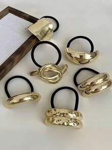 1/3/4/6pcs Set Solid Color Gold Metal Flower, Heart, Geometric Shape Hair Scrunchies, Elegant Vintage Glitter Elastic Hair Accessories For Party, Festival, Daily Outfit, Oval Design Suitable For Women (Small Scratches On Accessories Are Normal), Ponytail Holders, Hair Elastics, Hair Rubber Bands - Gold 6-piece Set - View 12