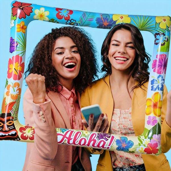 1pc Inflatable Photo Frame - Tropical Hawaiian Decor, Vibrant Hibiscus And Palm Leaves, Plastic Inflatable Frame, Suitable For Summer Birthday, Beach Party, Pool Event, Hawaiian Party Decoration