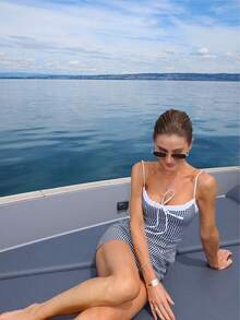 Women Plaid Patchwork Ruffled Hem Casual Vacation & Commute Bodycon Dress, Sexy For Spring & Summer - Black and White - View 3