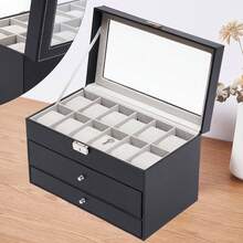 Hộp đựng đồng hồ 25 ngăn có nắp kính Hộp đựng đồ trang sức Hộp đựng kính râm Hộp đựng đồ lưu trữ khi quay lại trường học - màu đen - Xem 2