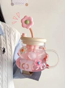 Hochwertige Glas-Trinkflasche für Frauen mit elegantem Aussehen, niedlichem Blumenmuster, inspiriert vom Stil von Teenager Mädchen. Bürotasse mit getrennten Tee- und Wasserbereichen.