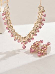 3pcs/Set Women's Fashion Luxury Pink Necklace & Earrings Jewelry Set, Bridal Wedding Dress Accessories, Women Jewelry Suit For Wedding, Party, Banquet, Prom