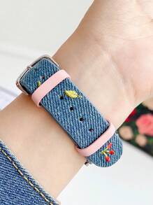 Bracelet de montre en cuir denim pour femme, motif nœuds brodés, fleurs et cerises, compatible avec Apple Watch 38 mm, 40 mm, 41 mm, 42 mm, 44 mm, 45 mm, 49 mm, S10, 42 mm, S10, 46 mm. Élégant, mignon et confortable, bracelet remplaçable, compatible avec les séries Iwatch Ultra 2, S10, SE, 9, 8, 7, SE, 6, 5, 4, 3, 2, 1.