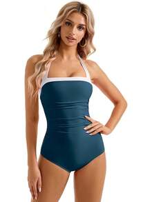 Women Sexy Tummy Control One Piece Swimsuit Halter Retro Bathing Suit - 68 Peacock Blue White - View 2