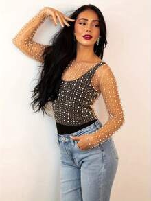 Women's Summer Sheer Mesh Tops Long Sleeve Round Neck Rhinestone Slim Fit Crop Tops - Beige - View 4