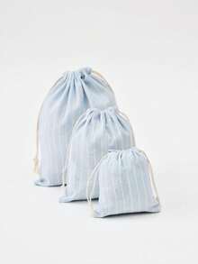 3 piezas de bolsas de almacenamiento con rayas simples que pueden contener ropa, calcetines, cosméticos y otros artículos diversos. Los bolsillos con cordón son adecuados para el hogar y los viajes. - Celeste - Ver 5