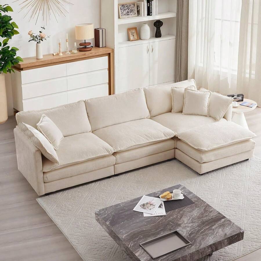 Modular Sectional Sofa, 111.5 Inch L Shaped Couch Set For Living Room, 3-Seater Comfy Cloud Couches With Movable Ottoman, DIY Combination, Chenille, Light Coffee - Light Coffee 3 Seat+1 Ottoman - 查看 1