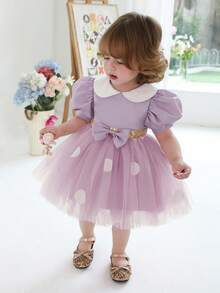 Baby Mädchen Polka Punkt Puffärmel Schleife Tüll lila Weihnachtsparty Kleid, elegantes Prinzessinnenkleid geeignet für Mädchen Geburtstag, Jahrestag, Party, Bankett, festliche Anlässe
