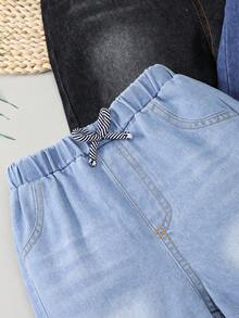 3pcs/Set Kids Light/Mid-Blue Washed Denim Boys Casual Elastic Waist Shorts, Summer Children Streetwear Knee-Length Pants - Black - View 6