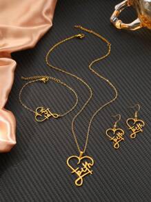 4 Peças Conjunto de Joias com Colar Pingente de Coração Oco, Brincos e Anel, Elegante e Doce