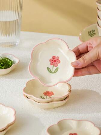 8/6/4 piezas Platos de cerámica para mojar con estampado floral, platos para salsa de alta calidad con forma de pétalo rosa, platos para salsa de soja, vinagre, aperitivos y postres, adecuados para el hogar, reuniones, restaurantes, decorativos y duraderos