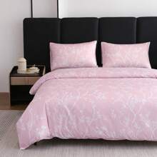 3Pcs Foliage Plant Floral Print Duvet Cover Set (2*Pillowcase, 1*Duvet Cover, No Filling), Pink Bedding, Super Soft And Breathable Polyester Material, Suitable For All Seasons, Zipper Closure, Perfect For Bedrooms, Guest Rooms Or Dormitories.