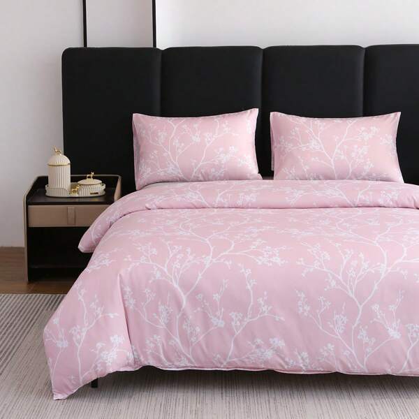 3Pcs Foliage Plant Floral Print Duvet Cover Set (2*Pillowcase, 1*Duvet Cover, No Filling), Pink Bedding, Super Soft And Breathable Polyester Material, Suitable For All Seasons, Zipper Closure, Perfect For Bedrooms, Guest Rooms Or Dormitories.