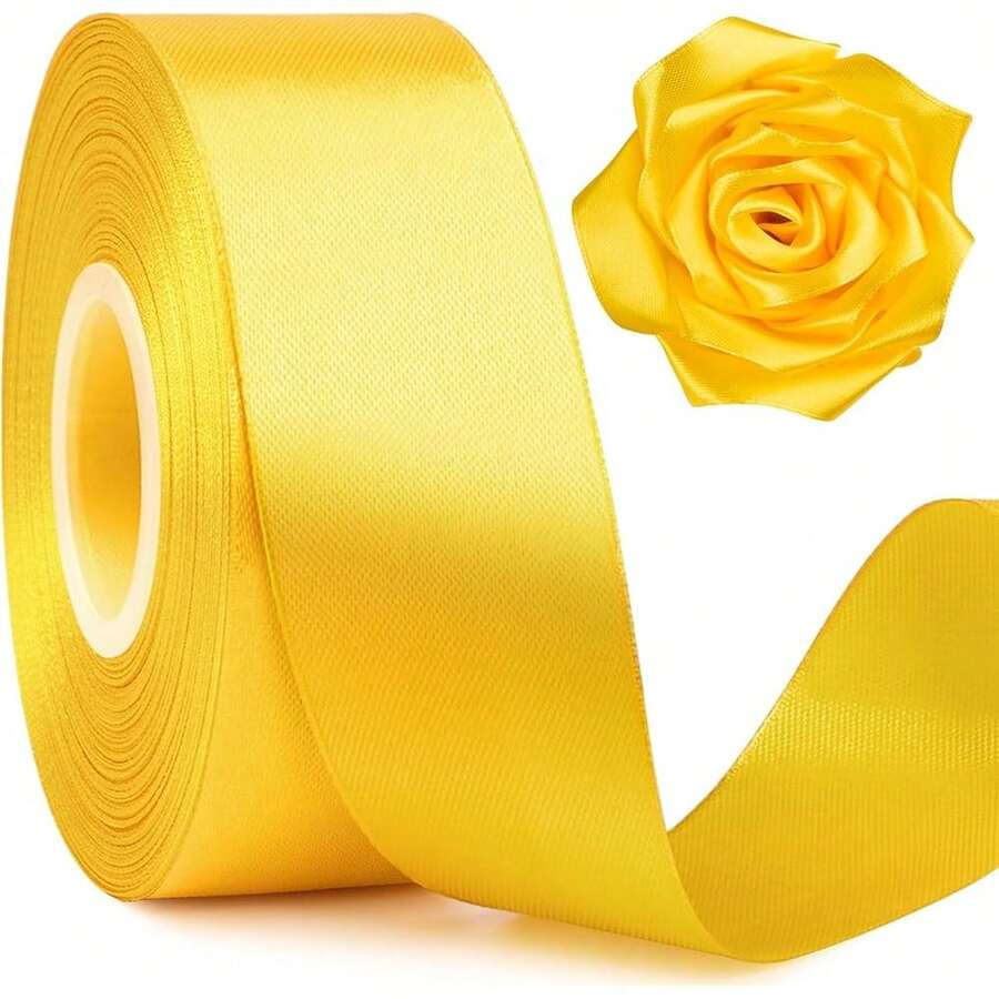 Nueva cinta de satén amarilla de 1-1/2 pulgadas de ancho, 50 yardas de cinta de tela de poliéster sólida para hacer rosas, envolver regalos, decoración, decoraciones de boda, manualidades, lazos - Amarillo - Ver 1