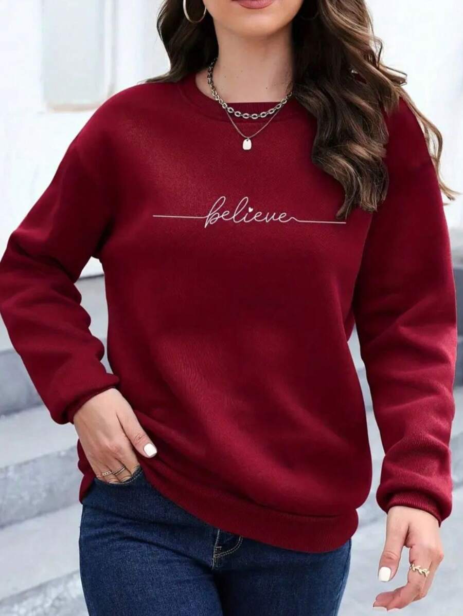 Moletom feminino gola careca flanelado confortavél casual moda feminina de inverno e outono - bordô - Visão 1