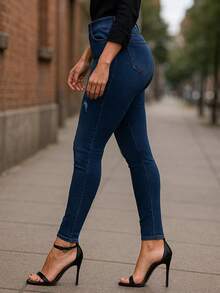 Jeans para Mujer de Tiro Medio Skinny Corte Moldeador, Estilo Elegante con Detalles Rasgados, Levanta Glúteos - Azul - Ver 3