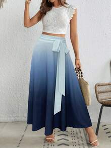 女士秋季 A 字型腰带户外渐变色中长裙。 - 藍色 - 查看 7
