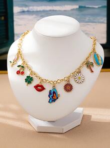 1pc Women's Enamel Chain Pendant Necklace With Versatile Elements Like Butterfly, Flower, Clover, Cherry, Shell, Suitable For Daily Wear And Party