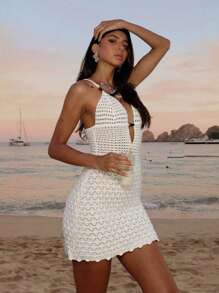 HoloChill Women's Sexy Elegant Knitted Big V Neck Backless Hollow Out Bodycon Vacation Dress For Beach Sundres