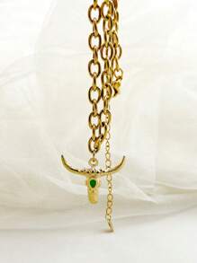 1pc 18K Gold Plated Bull Head Pendant Necklace, Stainless Steel Western Style Chain Necklace Fashion Jewelry Gift For Women