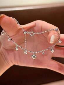 1pc Glamorous Heart & Tassel Zirconia Bracelet, Elegant & Minimalist Jewelry For Women