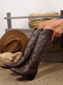 FVPFVP Bottes de cowgirl occidentales brodées rétro pour femmes, nouveauté pour l'été 2025, bottes d'équitation à talon épais marron, chaussures slim, bottes de cowboy