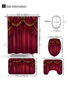 1pc/4pcs Luxurious Red European Noble Style Shower Curtain Set | Classical Luxury Romantic French Style Shower Curtain, Shower Curtain Fabric Bathroom Decoration Curtain With 12 Hooks, Non-Slip Bathroom Mat Toilet Mat Set, Bath Mat, Toilet Seat Mat, Non-Slip U-Shaped Mat, With Shower Curtain Hooks 12 Back To School