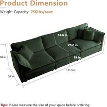 Luxury Modular Sectional Sofa, 111.5" Modern Chenille Comfy Cloud Couches For Living Room Office, 3 Seater Deep Sofa With 2 Armrest Pillows And 3 Toss Pillows,Green - 綠色3座 - 查看 2