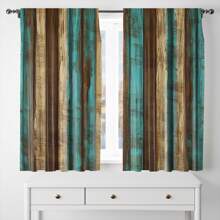 2pcs Country Style Wood-Look Blackout Curtains - Brown And Teal Wood Panel Rustic Farmhouse Curtains, Suitable For Bedroom And Living Room, Semi-Sheer, Machine Washable Polyester, Rod Pocket Hanging, Bedroom Decor | Country Style Curtains | Washable Fabric, Living Room Curtains