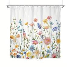 [Wildflower Shower Curtain] 1pc Wildflower And Shower Curtain - Watercolor Embroidered Floral Plants, Rural Pink And White Small Flowers, Artistic Aesthetic Home Decoration. The Shower Curtain Comes With 12 Plastic Hooks Back To School