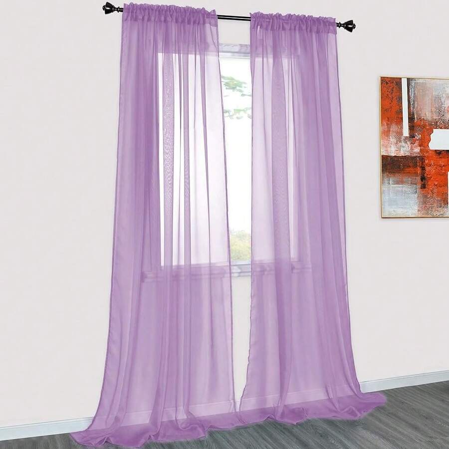 New  2 Panels Solid Color Lilac Purple Sheer Curtains Elegant Rod Pocket Window Voile Panels Drap For Bedroom Living Room (52X95 Inch) - Lilac Purple 52 W x 95 L (Pack -2) - View 1