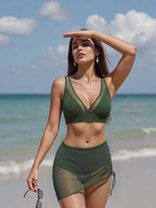 Women's Tummy Control Bikini Set V Neck Sleeveless Tops Drawstring Swim Skirt Bottoms 2 Piece Bathing Suit - 軍綠色 - 查看 7