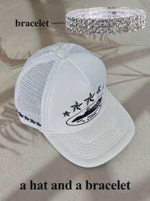2 pièces Nouvelle mode 8 couleurs réglable Y2K Casquette de protection solaire en maille respirante avec broderie d'étoile à cinq branches, bracelet. Convient pour les hommes et les femmes, pour le printemps/automne, les voyages, les vacances à la plage et le port quotidien