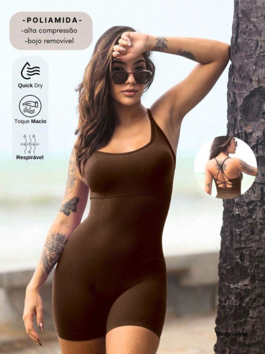 Seamless Sports Romper, With Removable Pads, NO Butt Lift, Cross Straps - 咖啡棕 - 查看 1